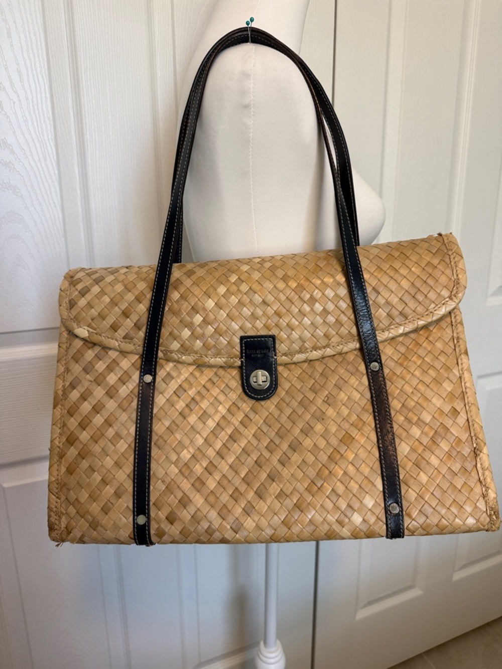 kate spade Natural Woven Straw Tote with Navy  Leather Straps